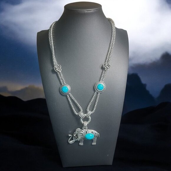 Silver Tone Turquoise Elephant Pendant Necklace Boho Chic Artisanal Spiritual - Picture 1 of 9